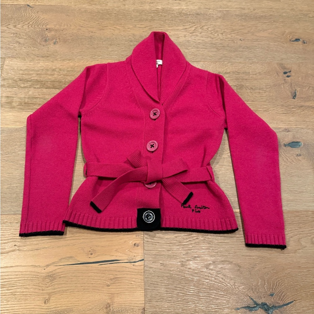 Paul Smith Pink Shawl Collar Button Front Belted Cardigan - Picture 5 of 7